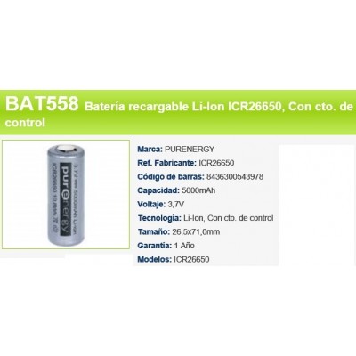 BATERIA BAT558 ICR26650 3,7V 5000 MAH LI-ION