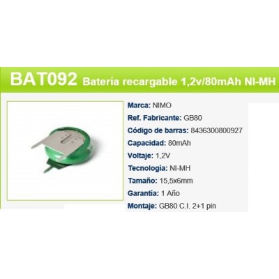 BATERIA 1,2V 80MAH GB80-MXX NI-MH BAT092